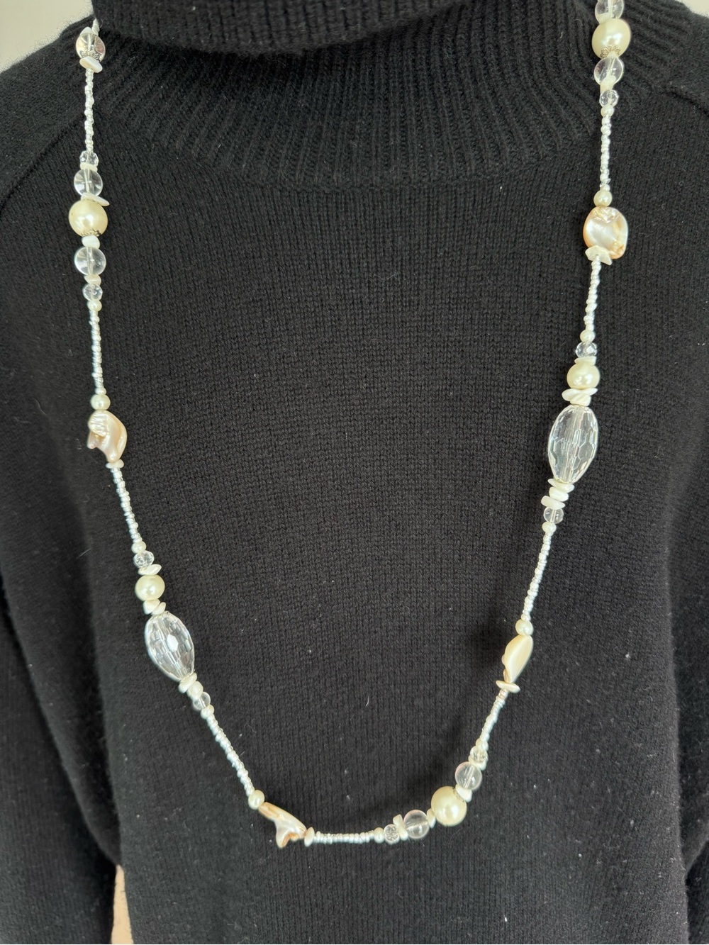 Pearl & Crystal Long Beaded Necklace in Cream and Clear